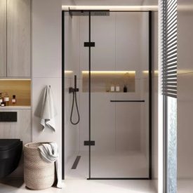   HD Valentin Black 120x195, 120 cm széles fix+nyíló zuhanyajtó 6 mm vastag vízlepergető biztonsági üveggel, fekete elemekkel, 195 cm magas