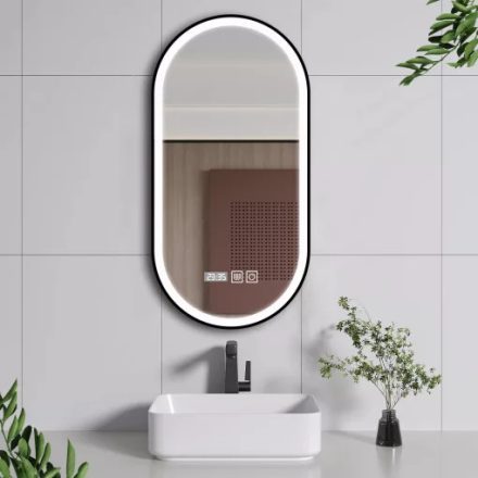 HD Dallas 50 cm széles fali ovális LED okostükör ambient világítással, érintőkapcsolóval, digitális órával és páramentesítő funkcióval