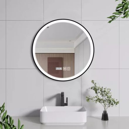 HD Rio Black 60 cm széles fali kerek LED okostükör fekete kerettel, érintőkapcsolóval, digitális órával és páramentesítő funkcióval