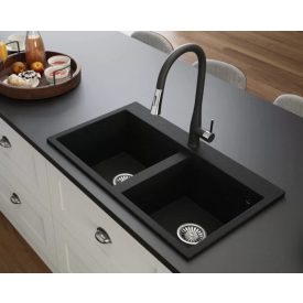   Tia szögletes két medencés gránit mosogató szifonnal fekete