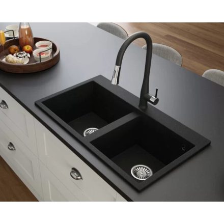 Tia szögletes két medencés gránit mosogató szifonnal fekete